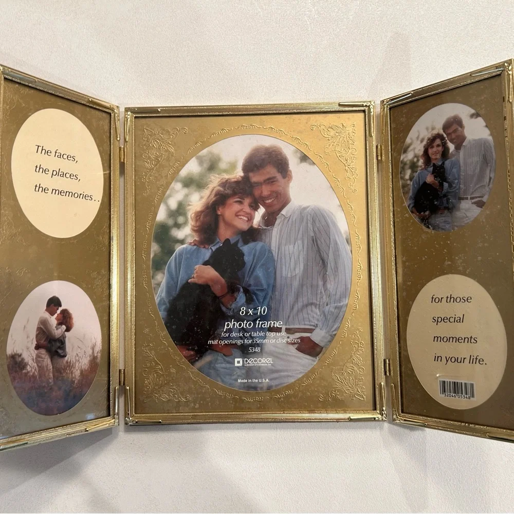 Vintage gold brass metal‎ picture frame trifold embossed detail